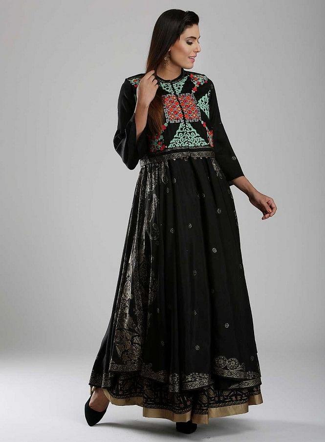 Black Mandarin Neck Printed kurta - wforwoman