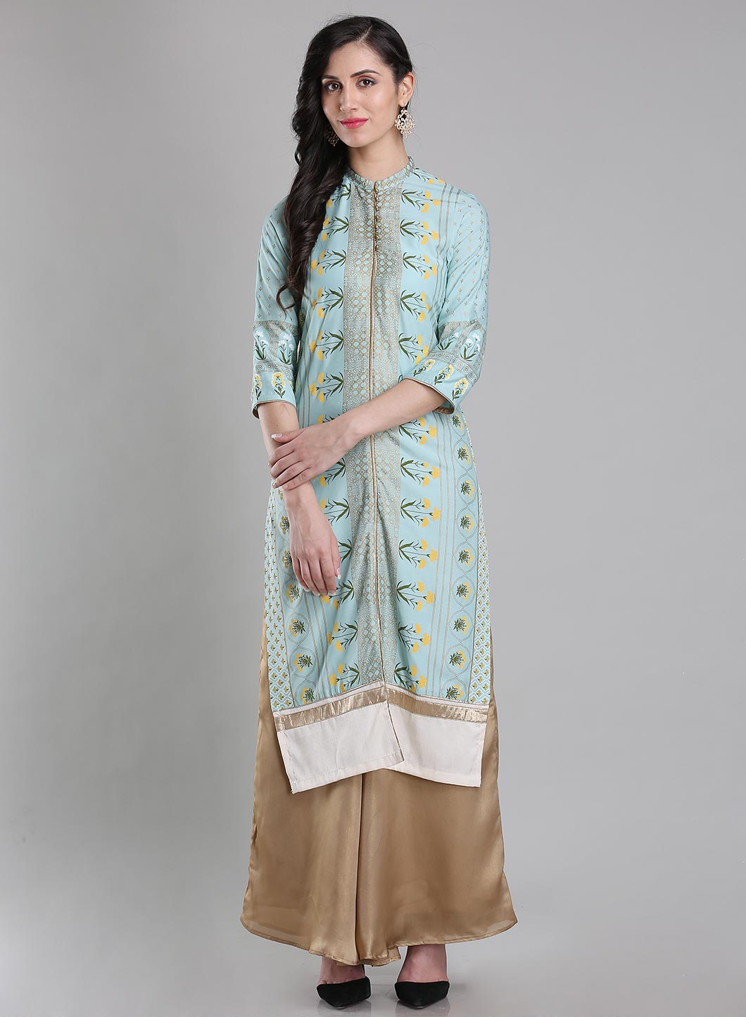 Blue Mandarin Neck Printed kurta