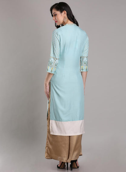 Blue Mandarin Neck Printed kurta