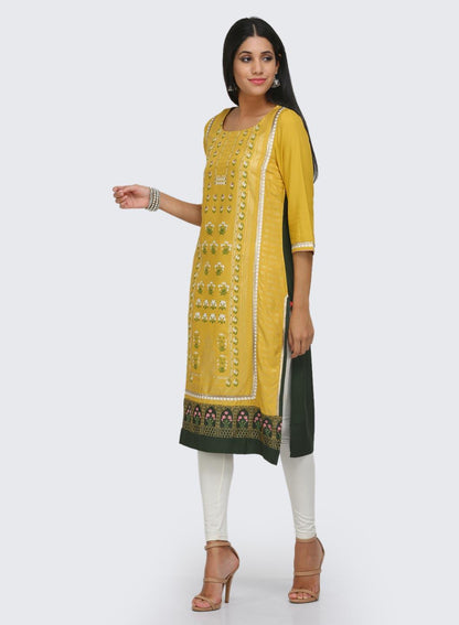 Yellow Round Neck Printed kurta - wforwoman