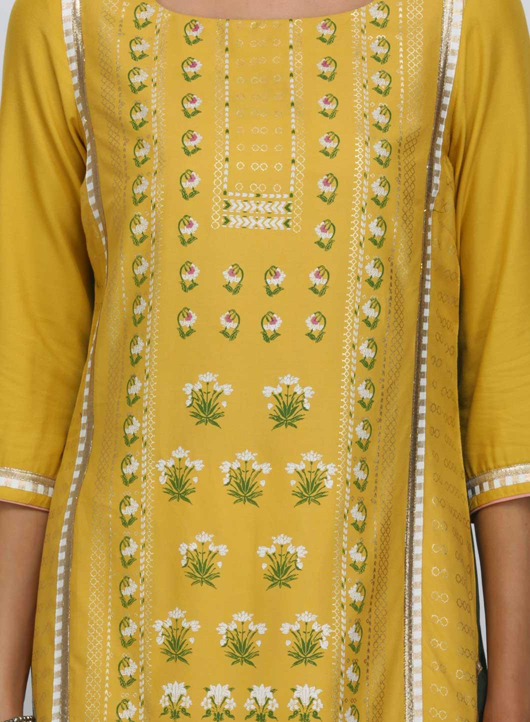 Yellow Round Neck Printed kurta - wforwoman