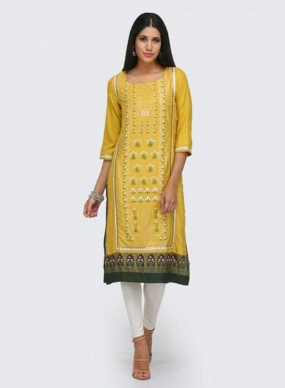 Yellow Round Neck Printed kurta - wforwoman