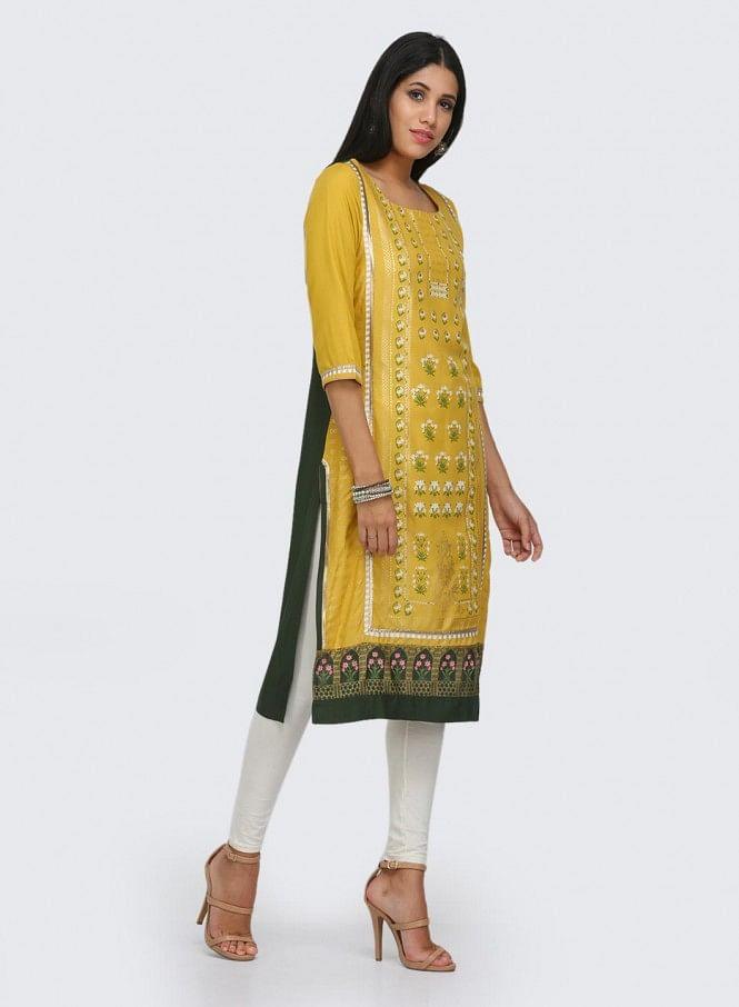 Yellow Round Neck Printed kurta - wforwoman