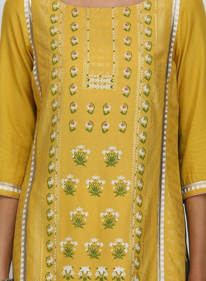 Yellow Round Neck Printed kurta - wforwoman