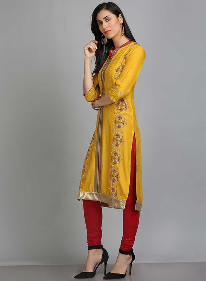 Yellow Mandarin Neck Printed kurta - wforwoman