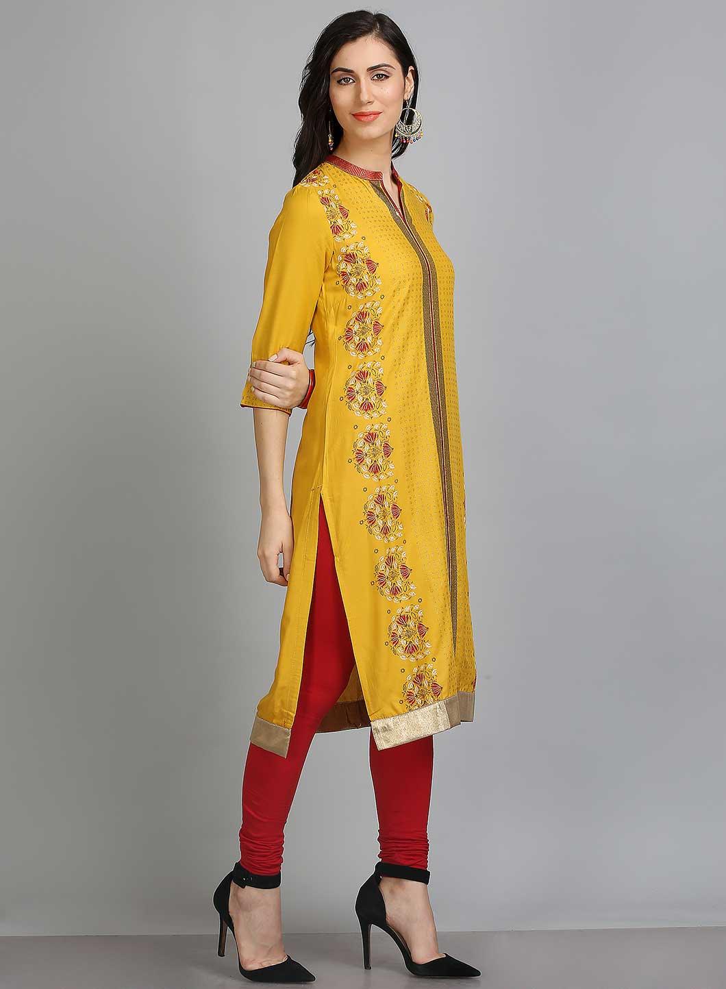 Yellow Mandarin Neck Printed kurta - wforwoman