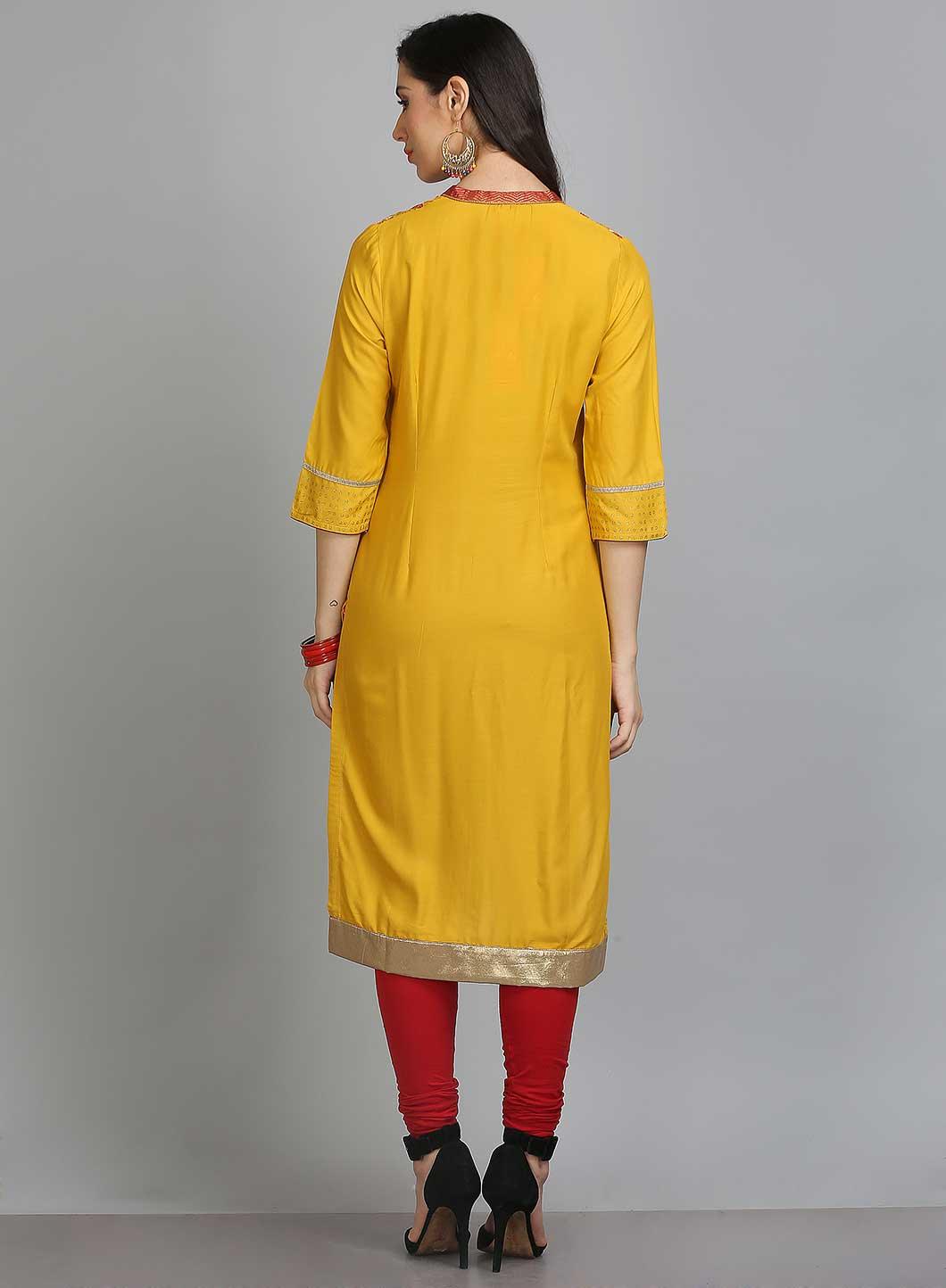 Yellow Mandarin Neck Printed kurta - wforwoman