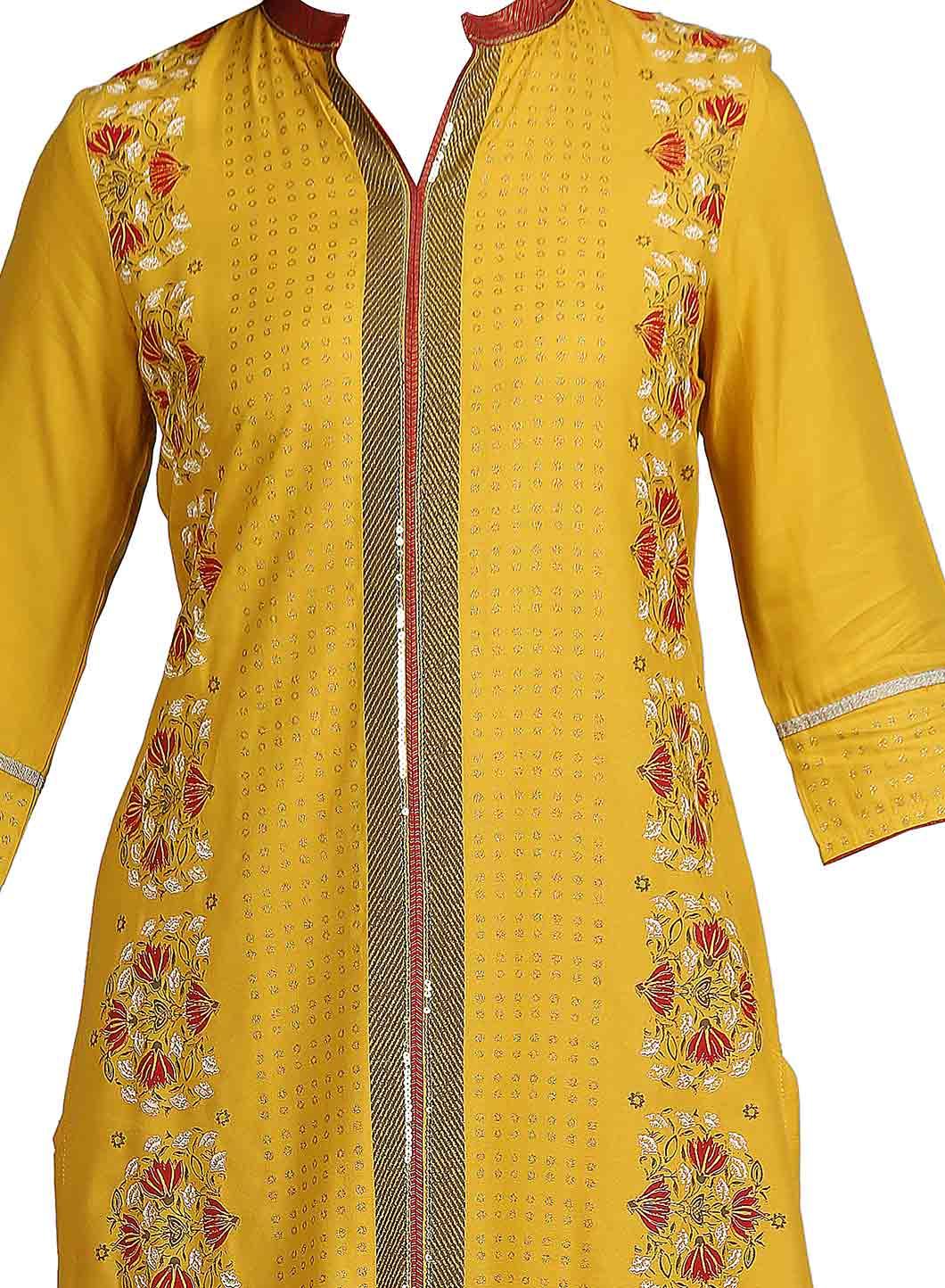 Yellow Mandarin Neck Printed kurta - wforwoman