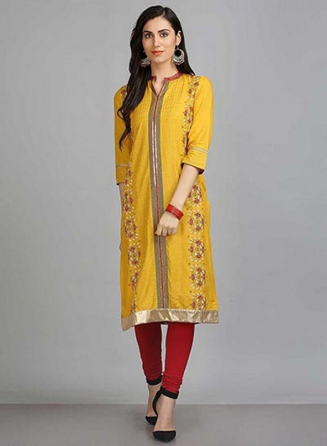 Yellow Mandarin Neck Printed kurta - wforwoman