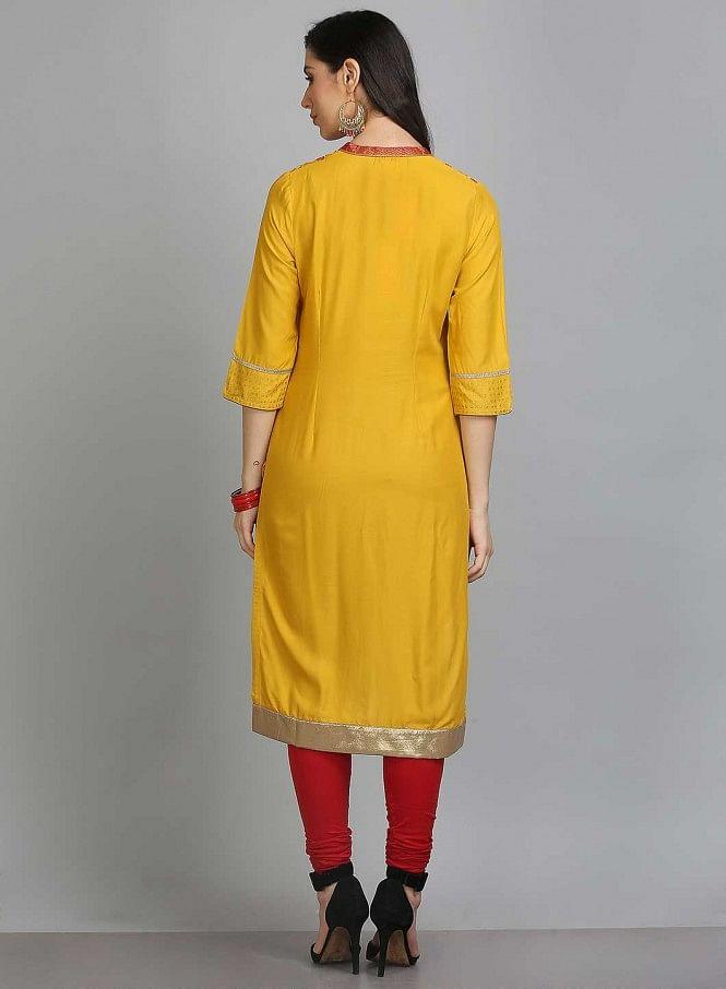 Yellow Mandarin Neck Printed kurta - wforwoman