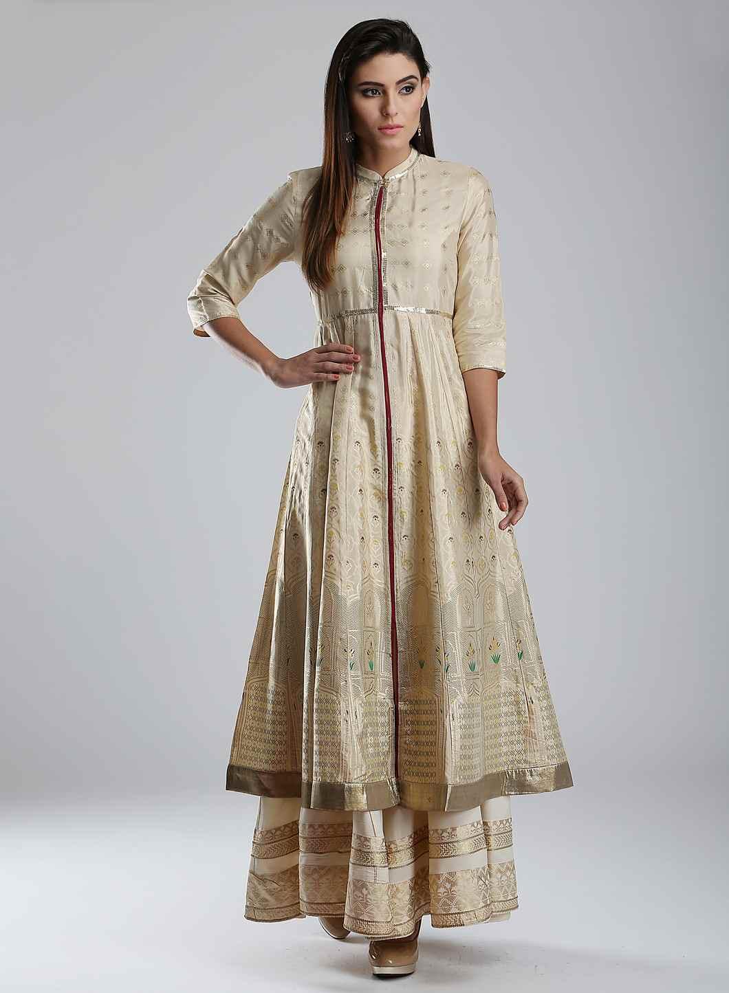 Gold Mandarin Neck Printed kurta - wforwoman