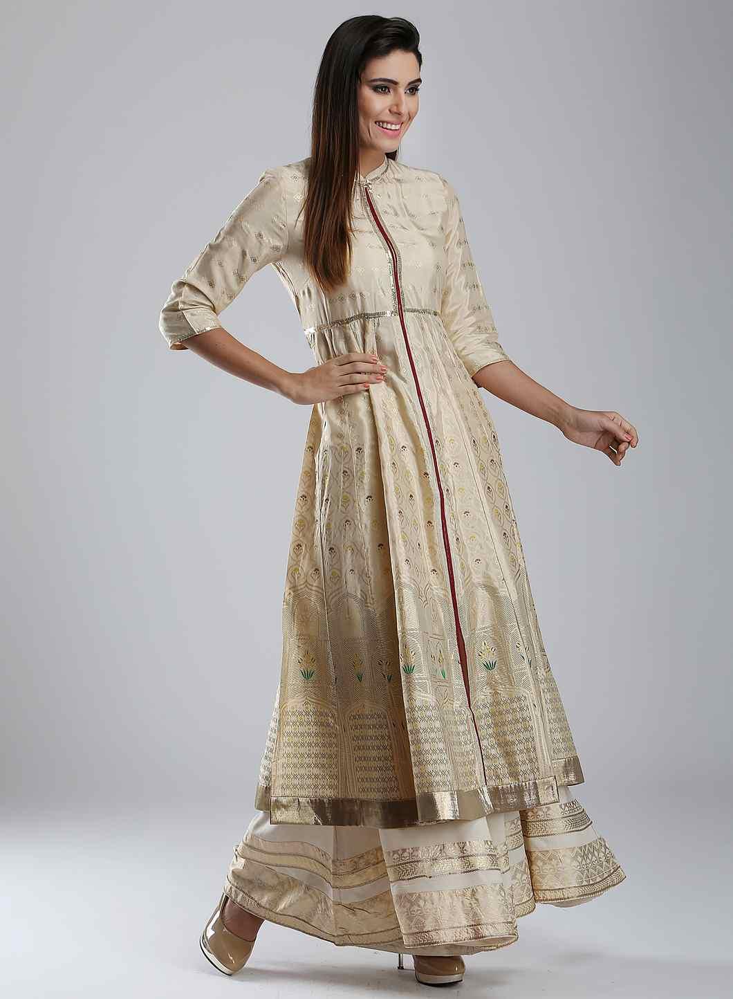 Gold Mandarin Neck Printed kurta - wforwoman