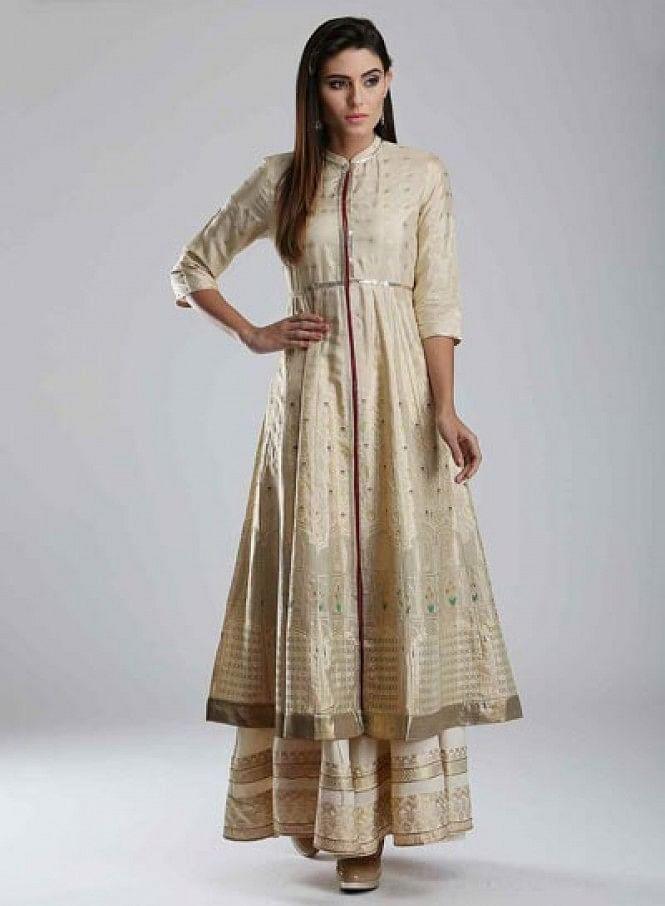 Gold Mandarin Neck Printed kurta - wforwoman