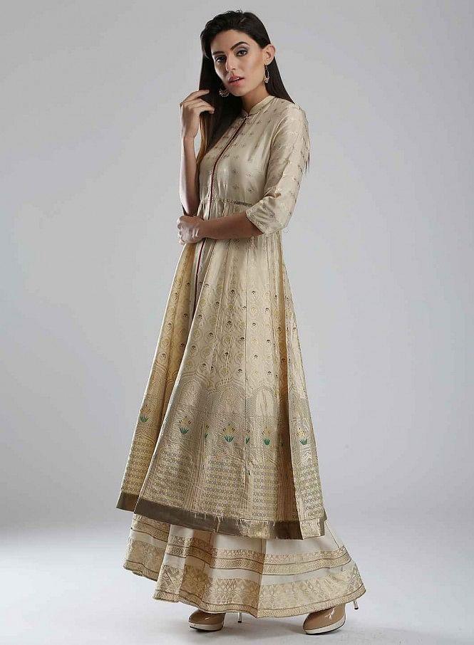 Gold Mandarin Neck Printed kurta - wforwoman