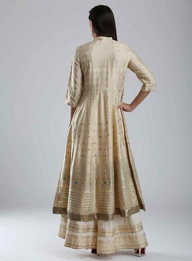 Gold Mandarin Neck Printed kurta - wforwoman