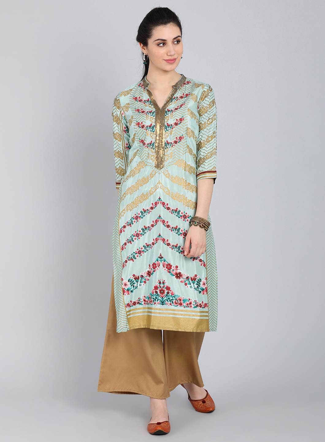 Blue Mandarin Neck Printed kurta