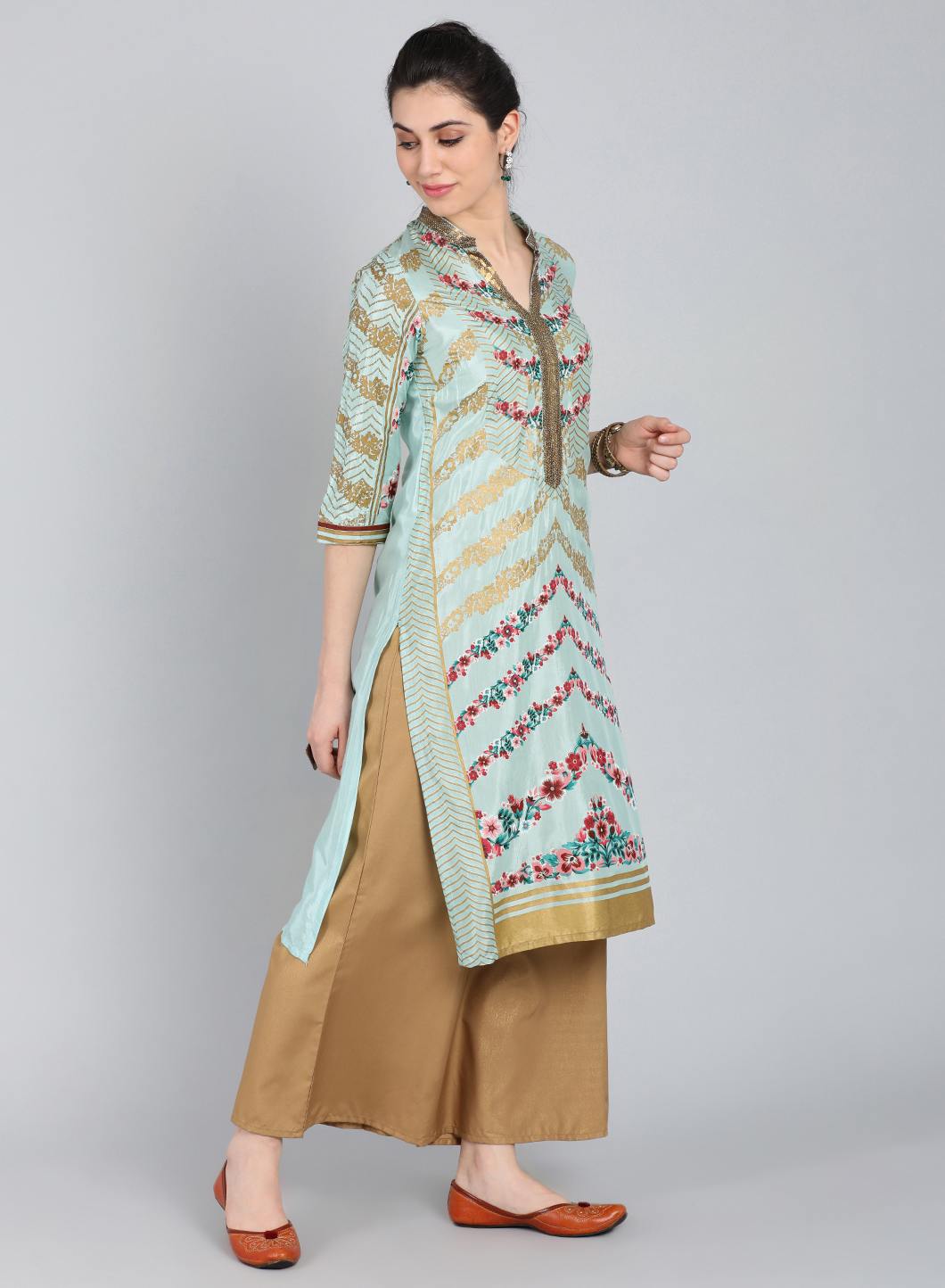 Blue Mandarin Neck Printed kurta