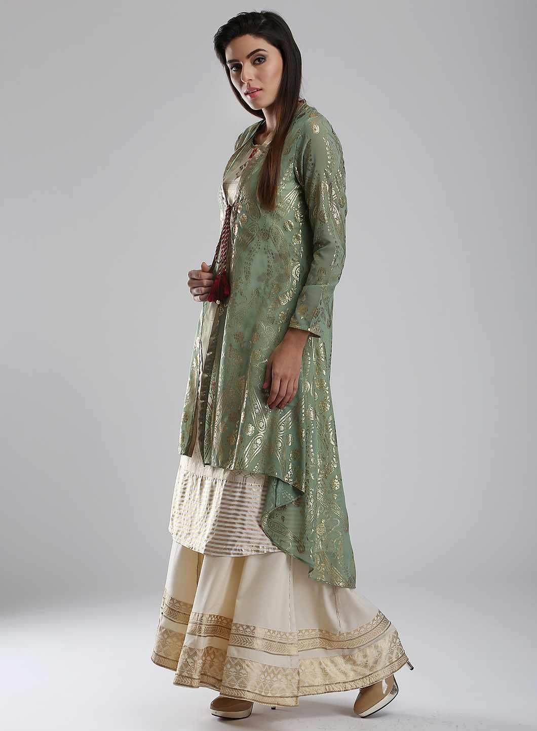 Green Round Neck Tie-up kurta - wforwoman