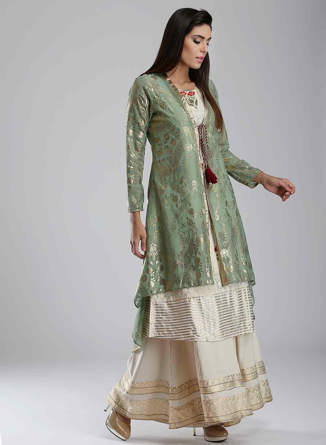 Green Round Neck Tie-up kurta - wforwoman