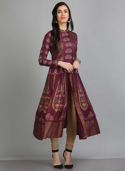 Purple Mandarin Neck Printed kurta - wforwoman