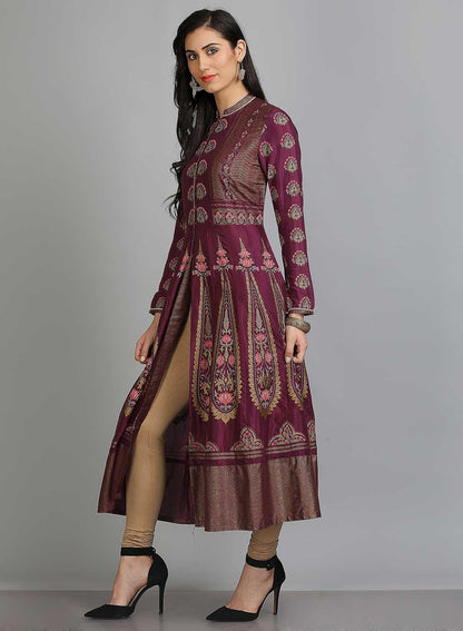 Purple Mandarin Neck Printed kurta - wforwoman