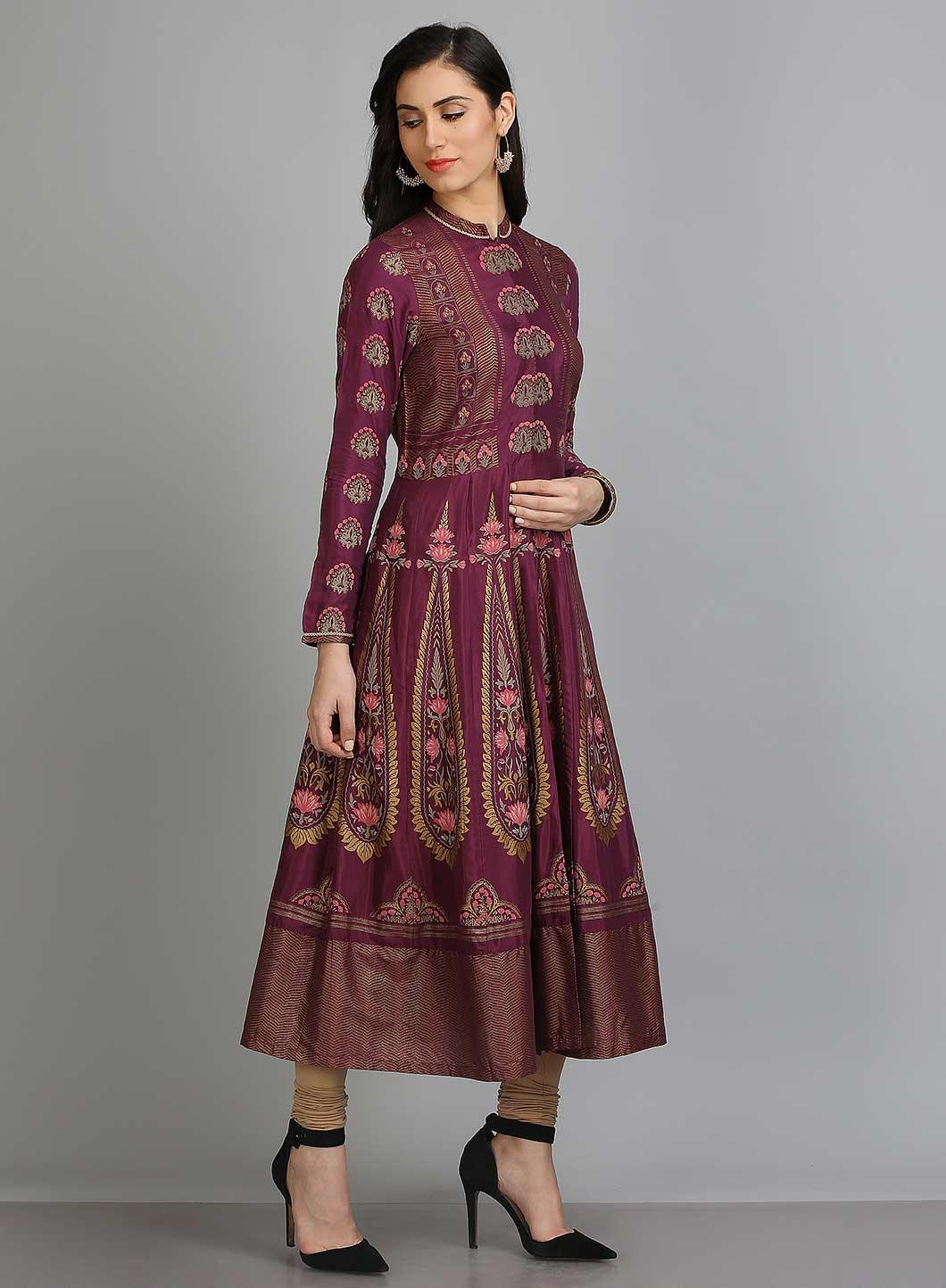 Purple Mandarin Neck Printed kurta - wforwoman