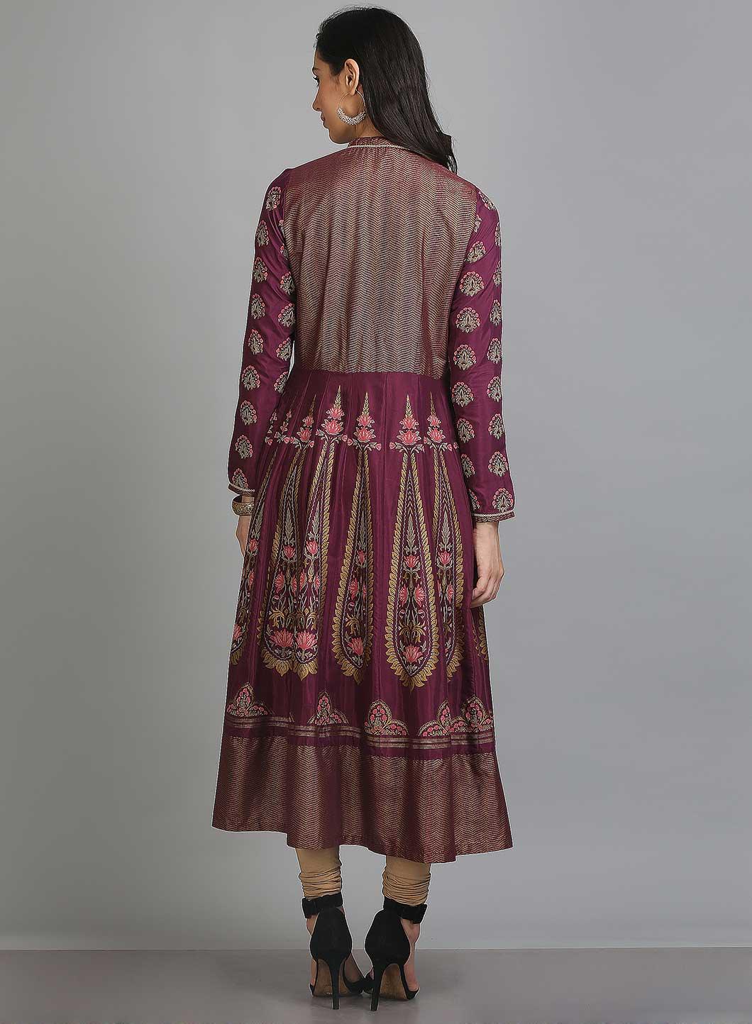 Purple Mandarin Neck Printed kurta - wforwoman