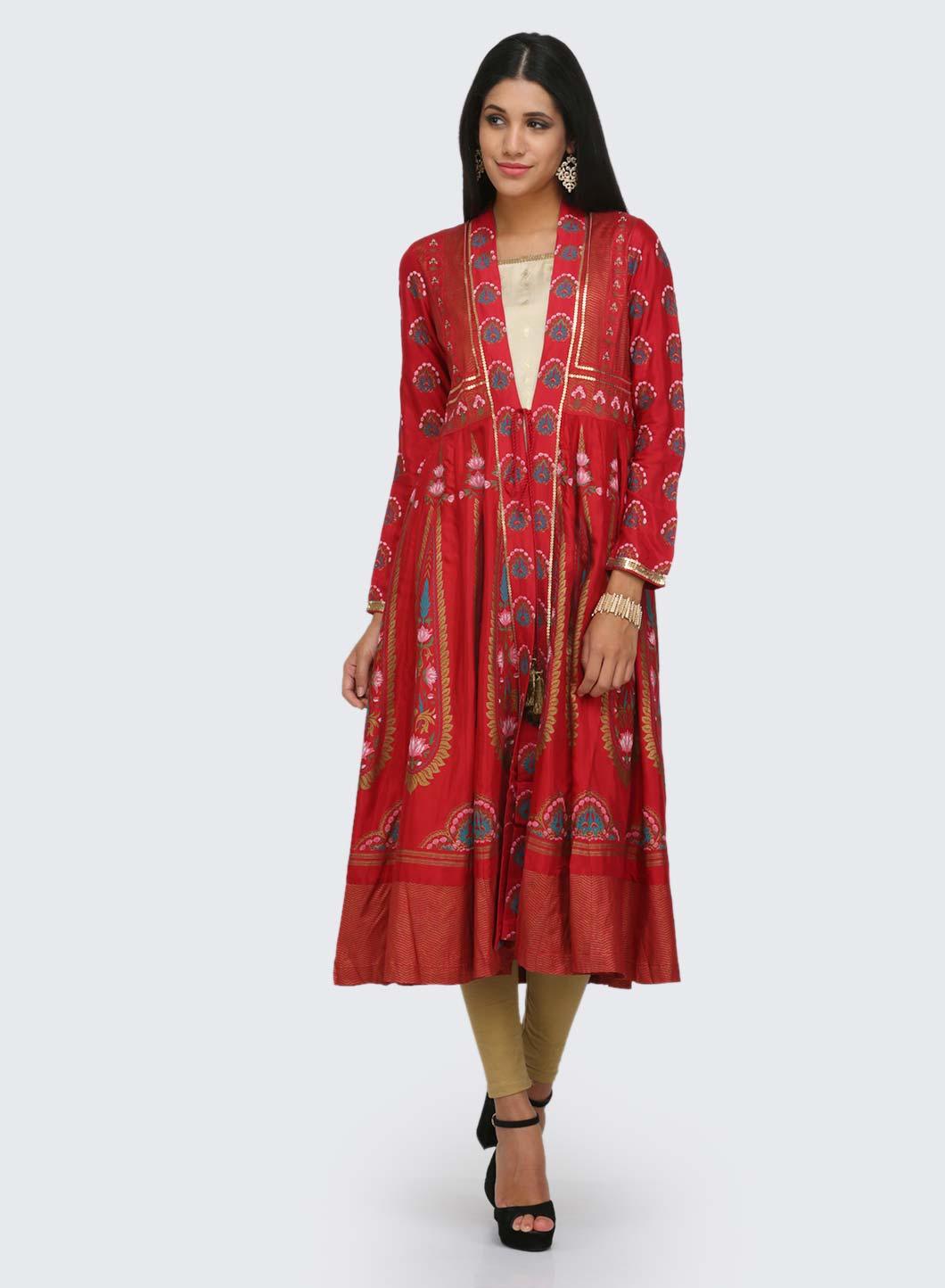 Red &amp; Gold Open Front Printed kurta - wforwoman