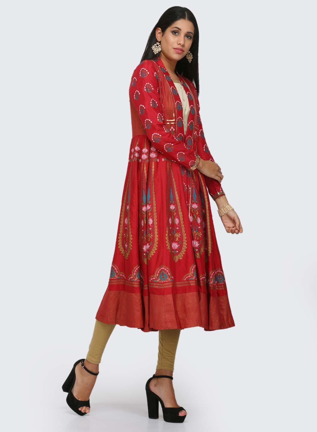 Red &amp; Gold Open Front Printed kurta - wforwoman