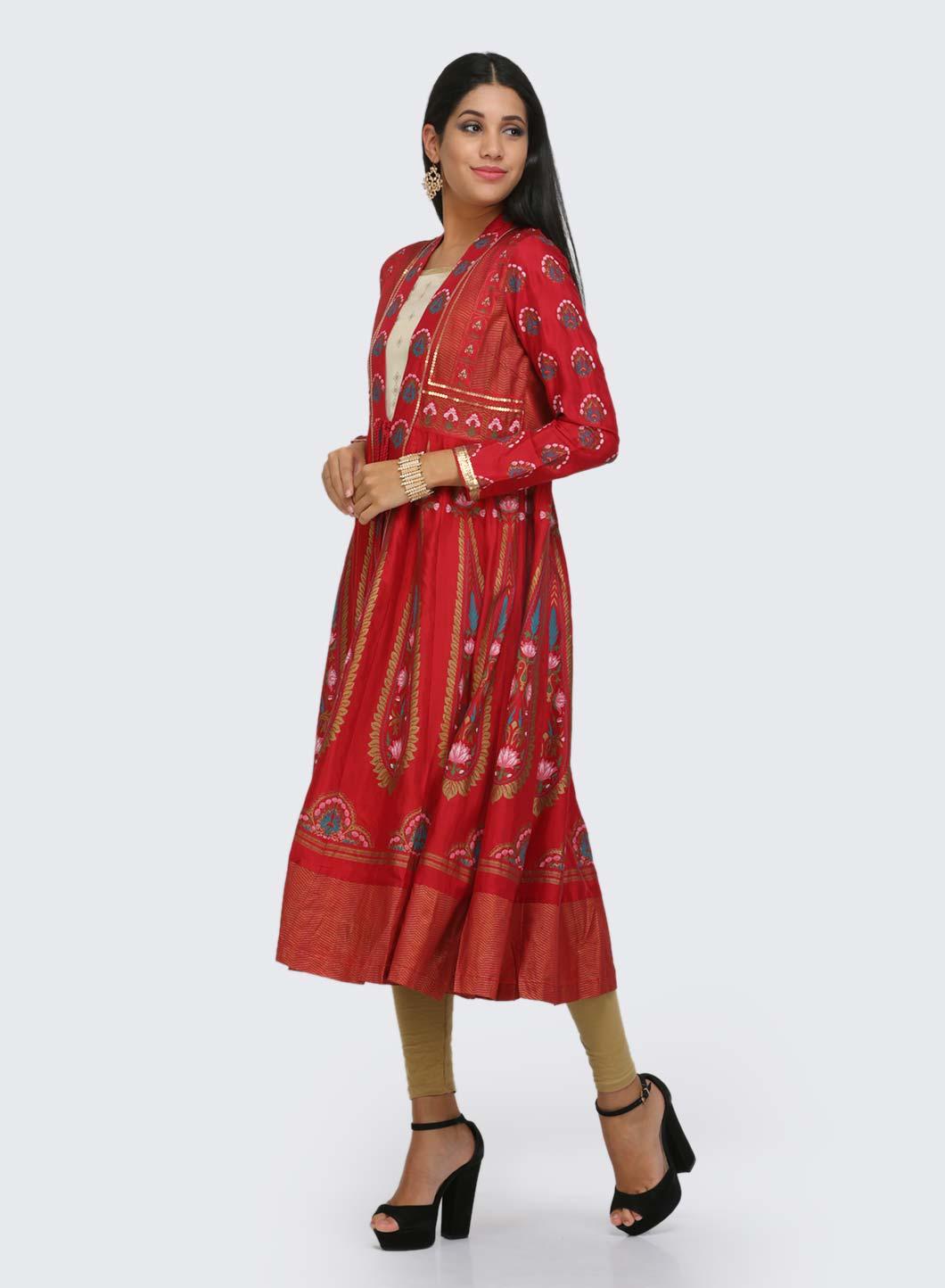 Red &amp; Gold Open Front Printed kurta - wforwoman