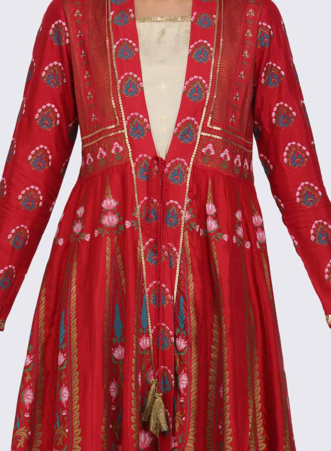 Red &amp; Gold Open Front Printed kurta - wforwoman