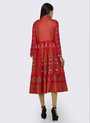 Red &amp; Gold Open Front Printed kurta - wforwoman