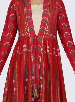 Red &amp; Gold Open Front Printed kurta - wforwoman