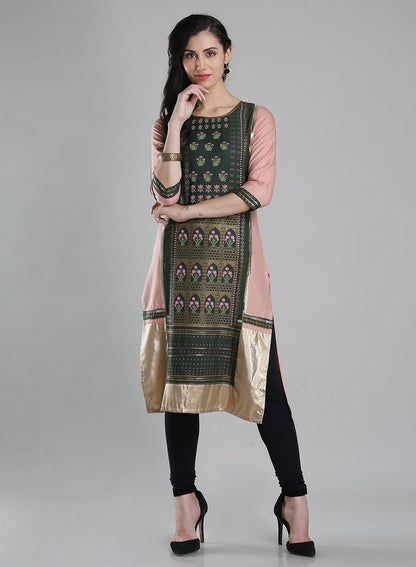 Green Round Neck Printed kurta - wforwoman