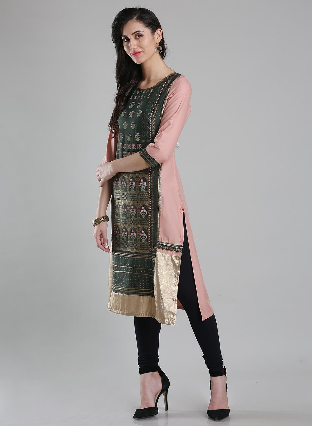 Green Round Neck Printed kurta - wforwoman