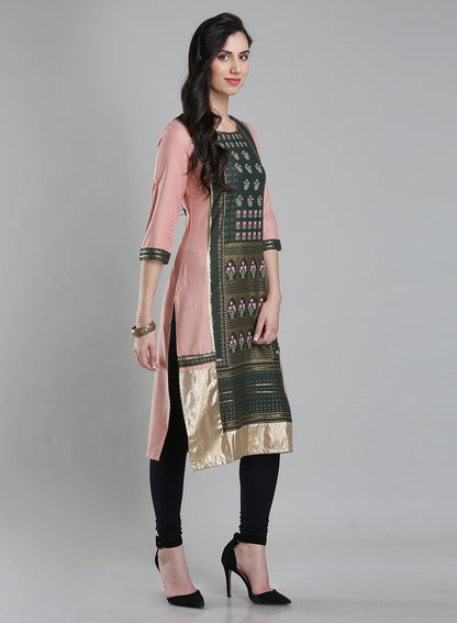 Green Round Neck Printed kurta - wforwoman