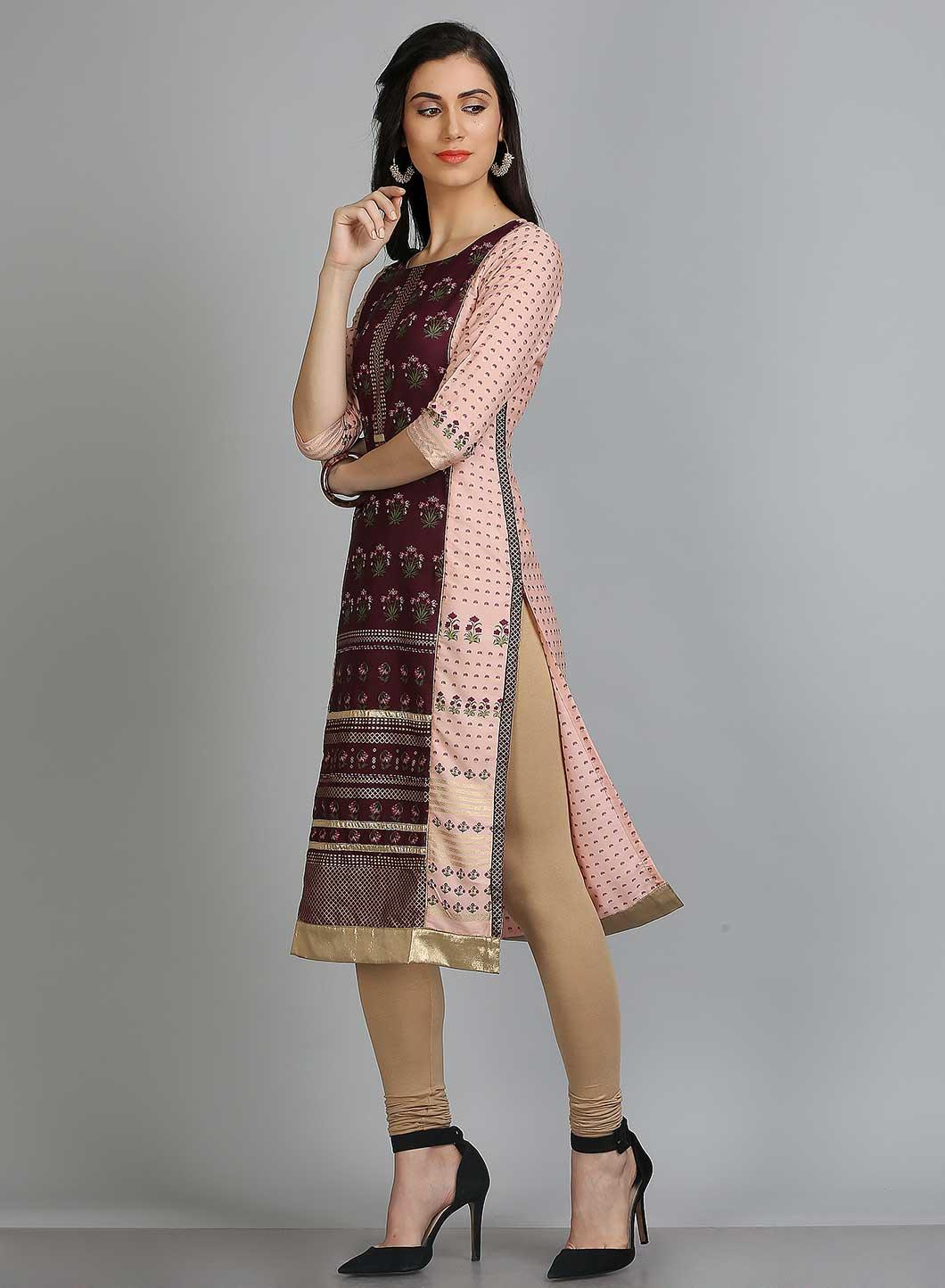 Pink &amp; Purple Round Neck Printed kurta - wforwoman