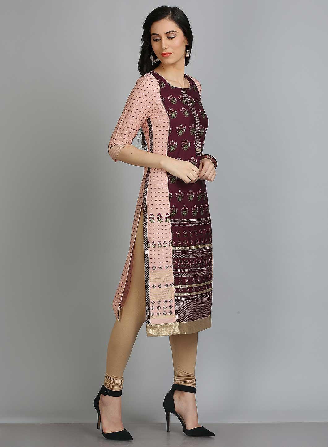 Pink &amp; Purple Round Neck Printed kurta - wforwoman