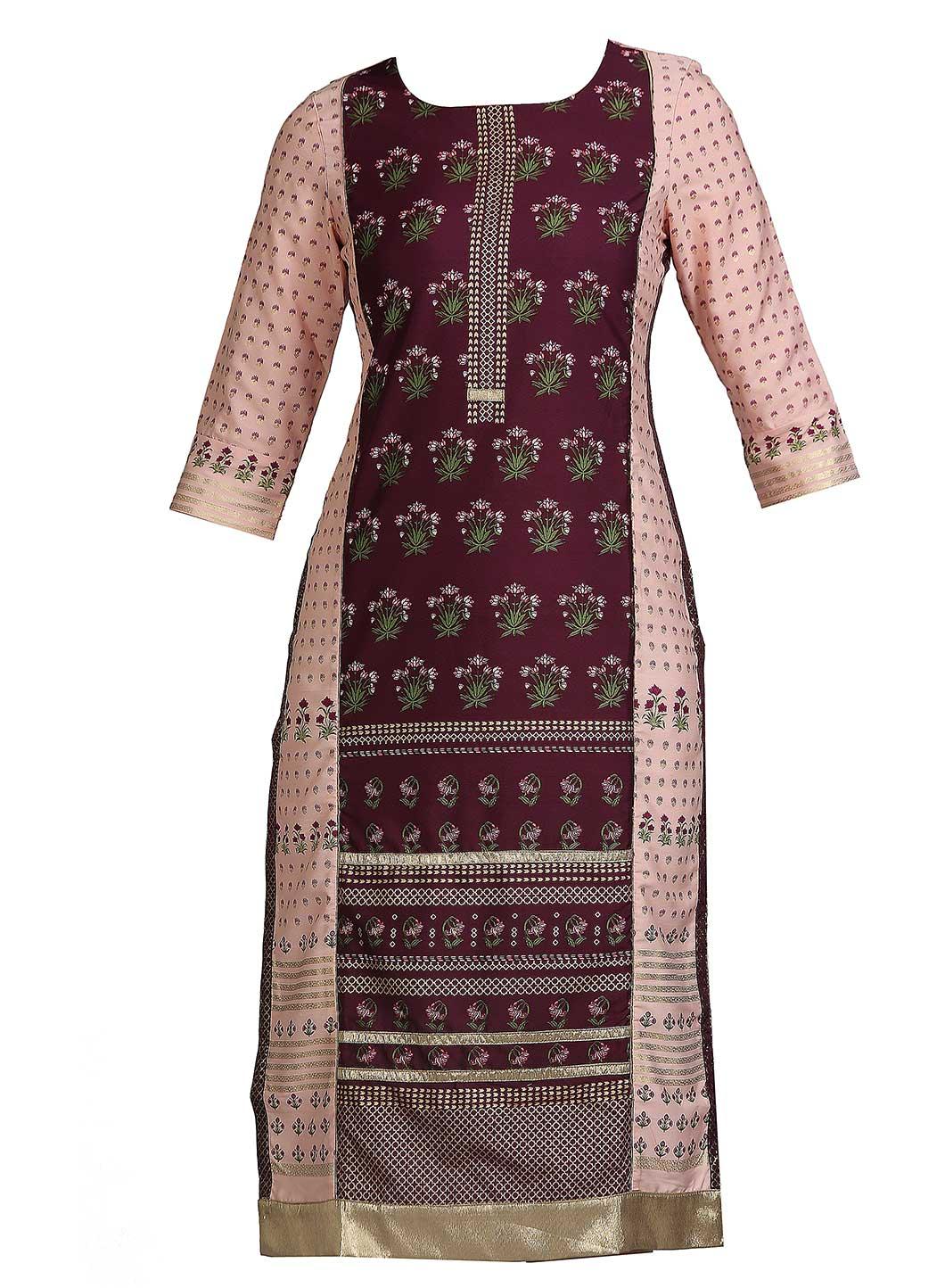 Pink &amp; Purple Round Neck Printed kurta - wforwoman