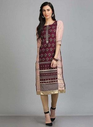 Pink &amp; Purple Round Neck Printed kurta - wforwoman