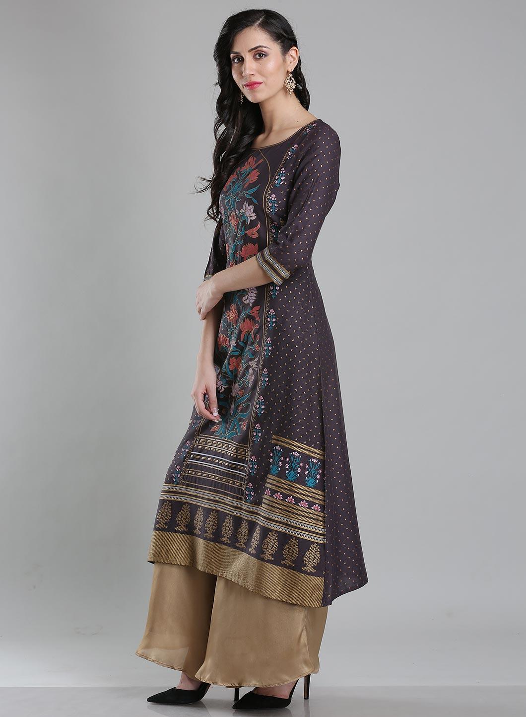 Grey Round Neck Floral Print kurta - wforwoman