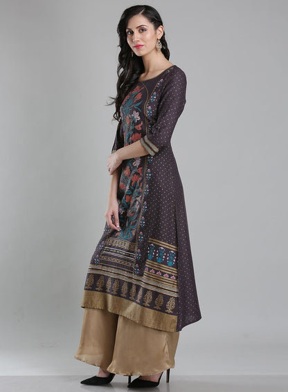 Grey Round Neck Floral Print kurta - wforwoman