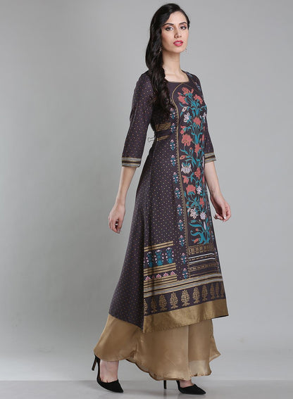 Grey Round Neck Floral Print kurta - wforwoman