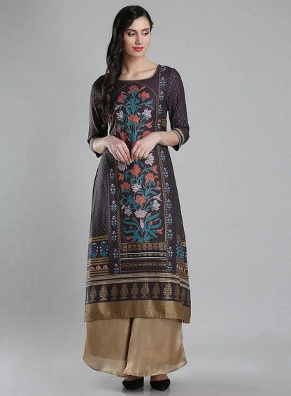 Grey Round Neck Floral Print kurta - wforwoman