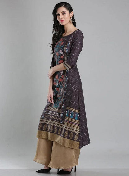 Grey Round Neck Floral Print kurta - wforwoman