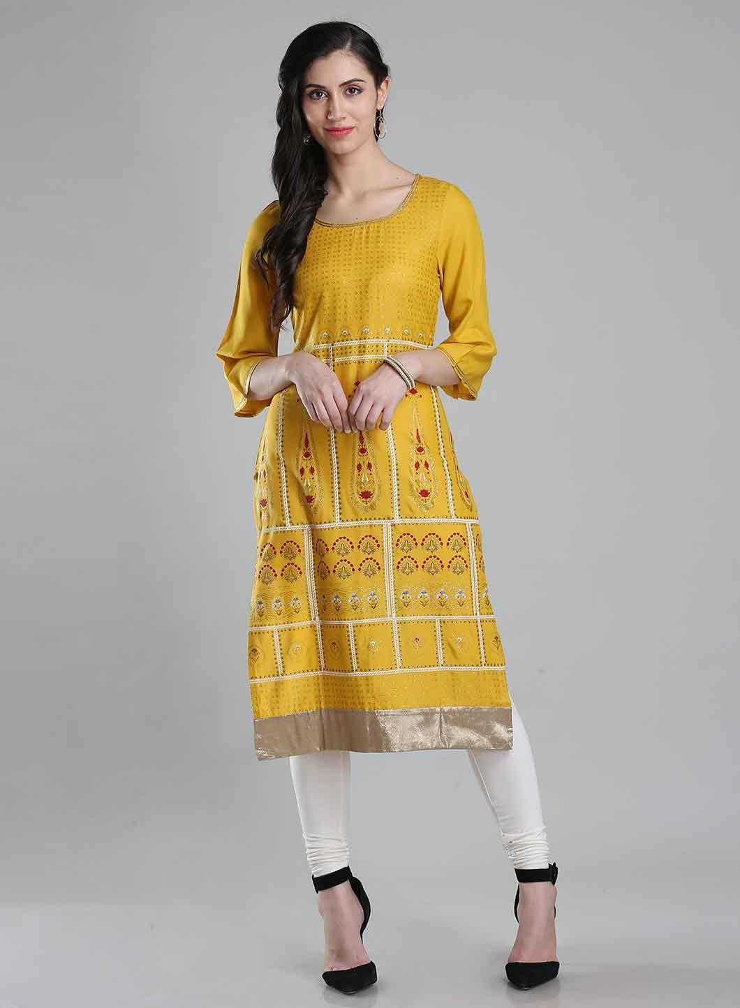 Yellow Printed Round Neck 3/4 Sleeves kurta - wforwoman