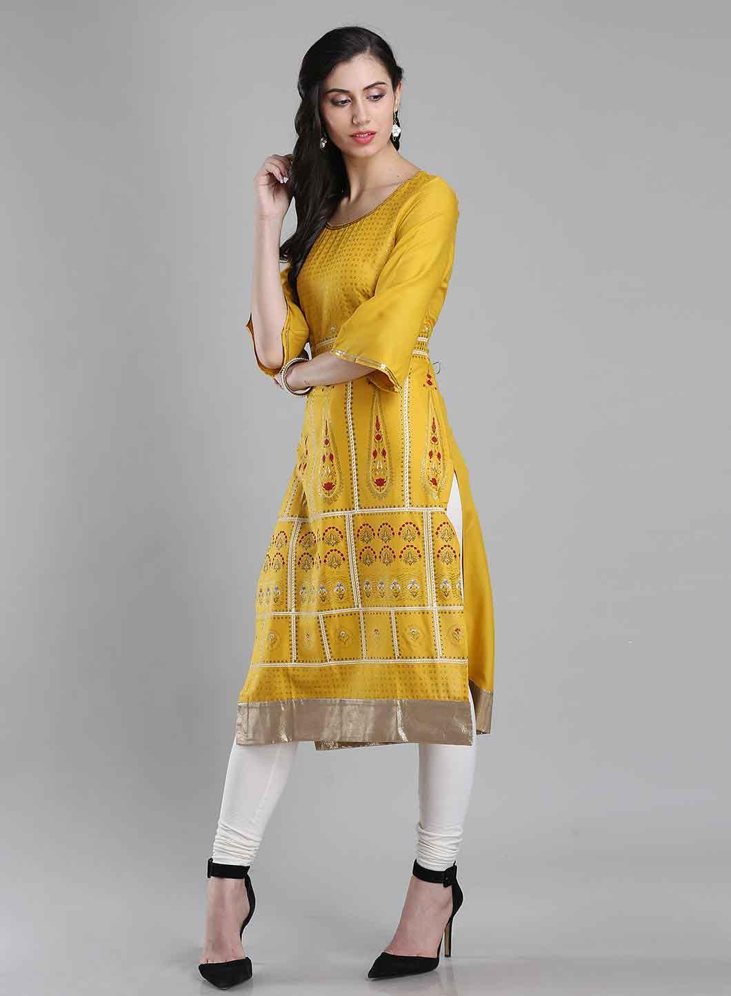 Yellow Printed Round Neck 3/4 Sleeves kurta - wforwoman