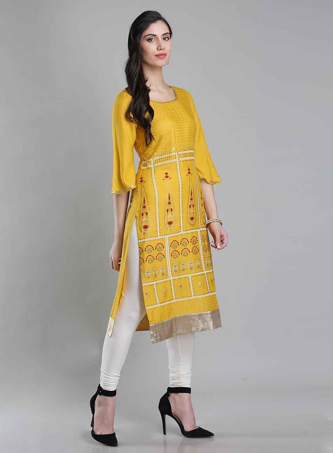 Yellow Printed Round Neck 3/4 Sleeves kurta - wforwoman