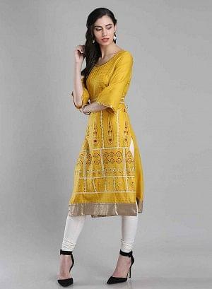 Yellow Printed Round Neck 3/4 Sleeves kurta - wforwoman