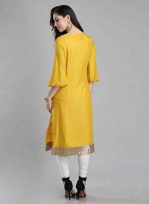 Yellow Printed Round Neck 3/4 Sleeves kurta - wforwoman